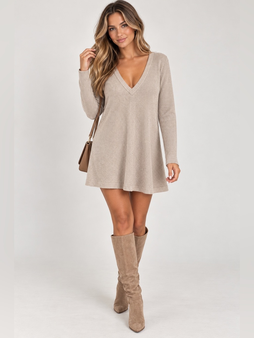Calypso St. Barth Taupe 100% Cashmere V-Neck Long Sleeve Mini Dress Size Large